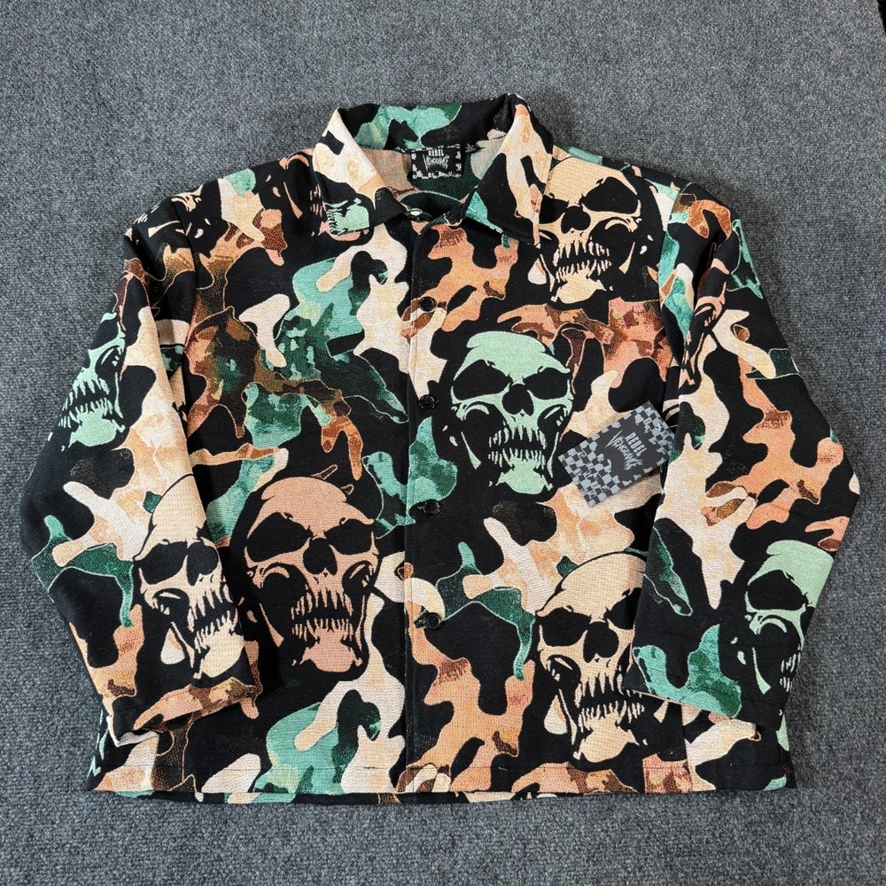 Rebel Vengeance Skull Camo Tapestry Jacket Mens Size Large Streetwear Camouflage